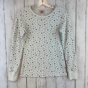 VTG Curious Gypsy White Hearts Waffle Knit Thermal Long Sleeve Top Size Large